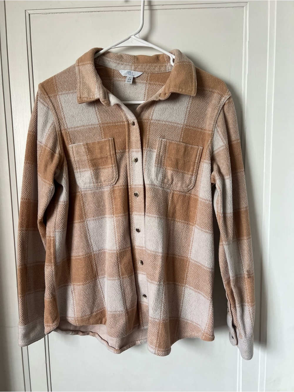 Time and Tru Tan and Cream Plaid Button-Down Shirt